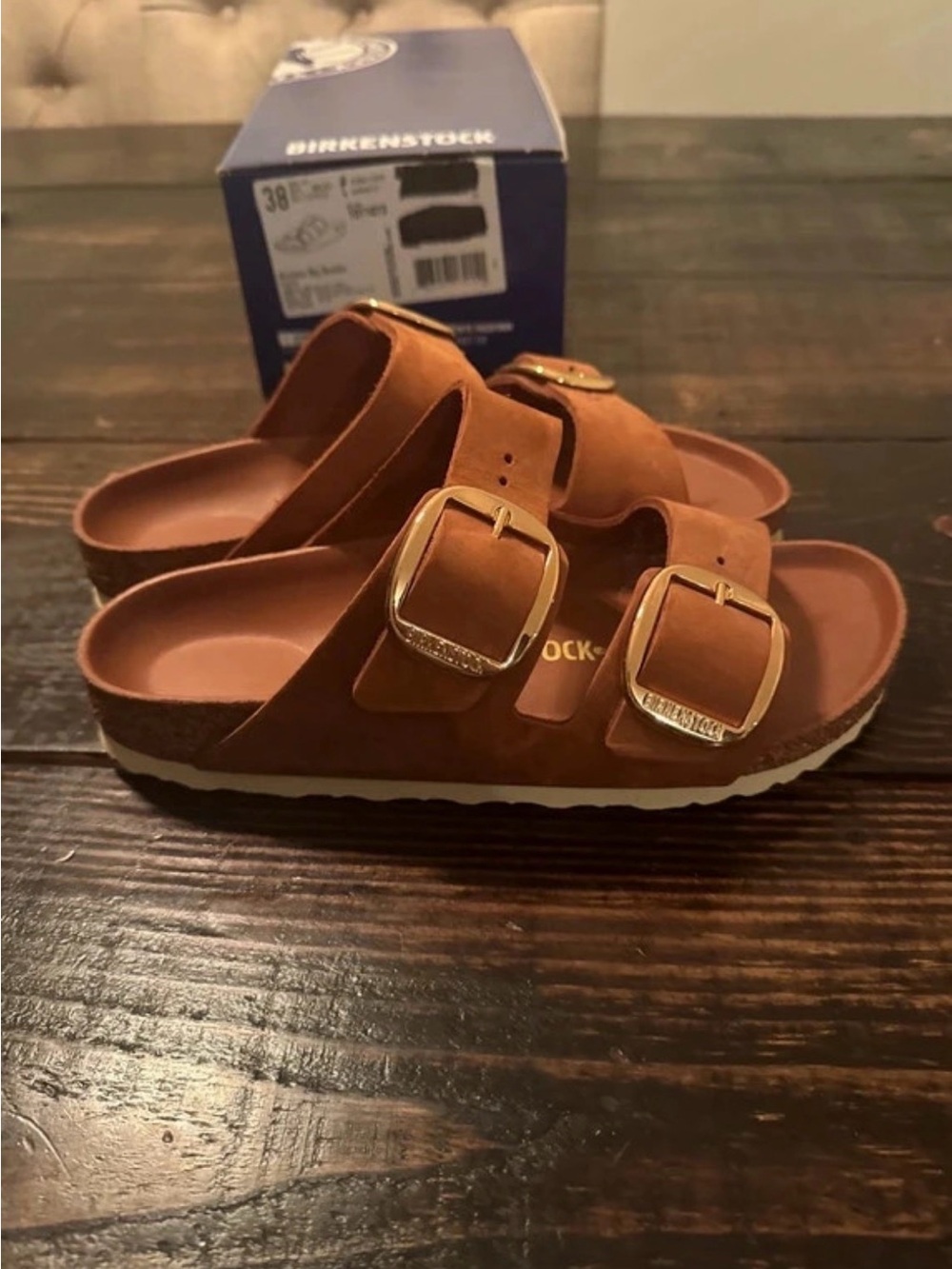 Birkenstock Women’s Arizona Sandal in Chestnut Brown with Gold Buckles